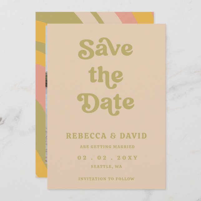 Retro Groovy 70s Cute Green Photo Wedding Save The Date (Front/Back)