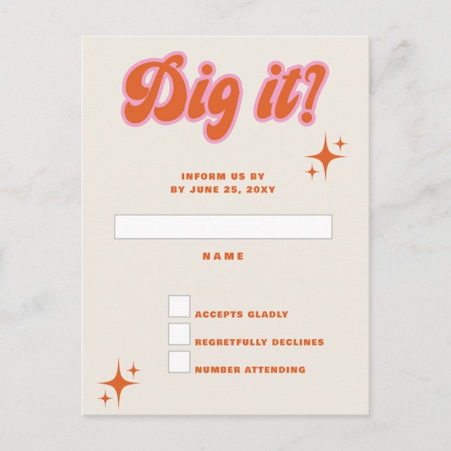 Retro Groovy 70s Cute Ivory Orange Pink RSVP Postcard (Front)