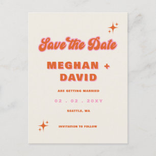 Retro Groovy 70s Cute Ivory Orange Pink Wedding Announcement Postcard