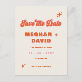 Retro Groovy 70s Cute Ivory Orange Pink Wedding Announcement Postcard