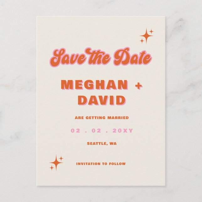 Retro Groovy 70s Cute Ivory Orange Pink Wedding Announcement Postcard (Front)
