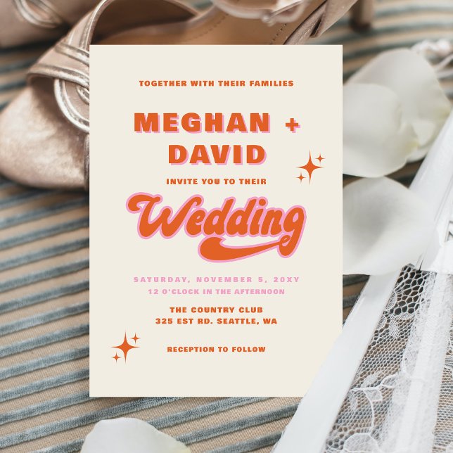 Retro Groovy 70s Cute Ivory Orange Pink Wedding Invitation (Creator Uploaded)