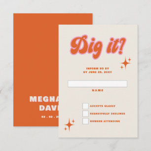 Retro Groovy 70s Cute Ivory Orange Pink Wedding RSVP Card