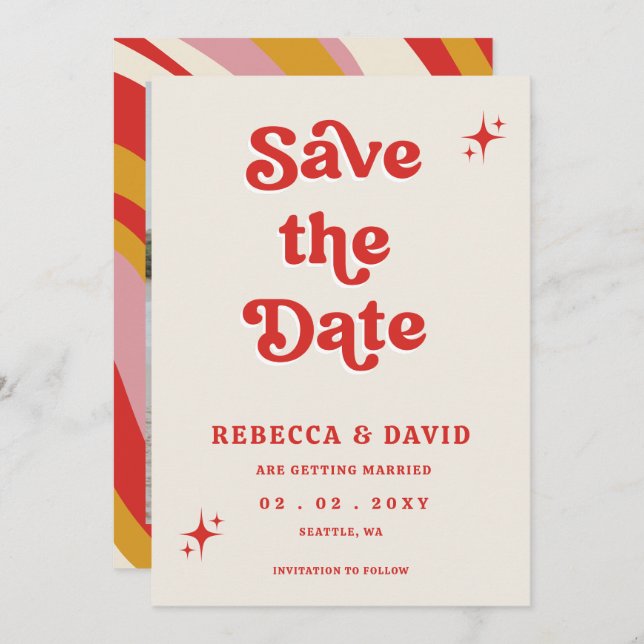 Retro Groovy 70s Cute Ivory Red Photo Wedding Save The Date (Front/Back)