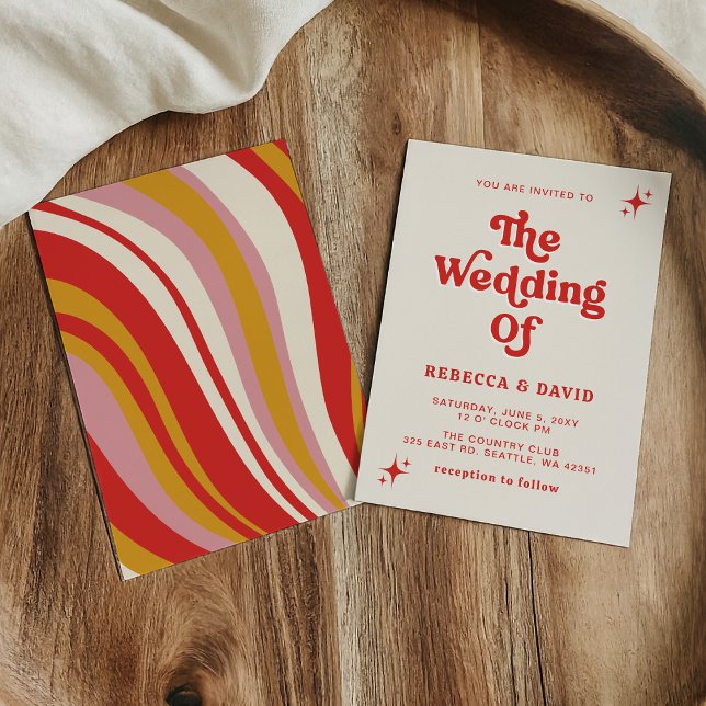 Retro Groovy 70s Cute Ivory Red Pink Wedding Invitation (Retro Groovy 70s Cute Ivory Red Pink Wedding Invitation)