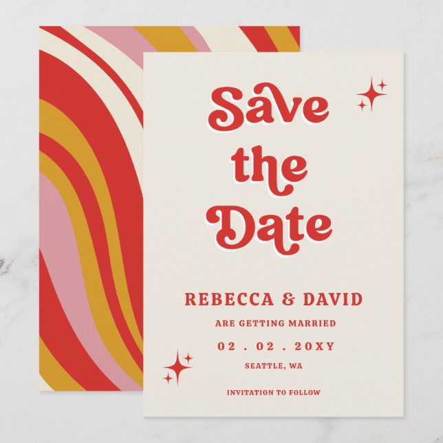Retro Groovy 70s Cute Ivory Red Pink Wedding Save The Date (Front/Back)