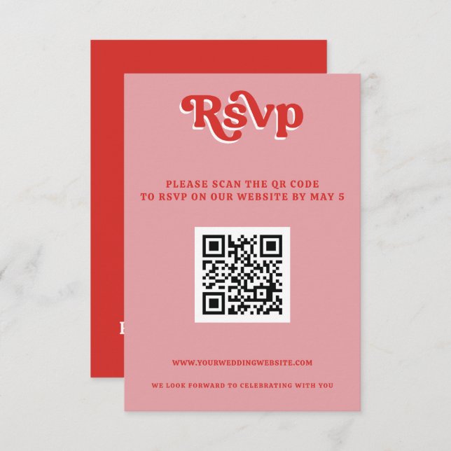 Retro Groovy 70s Cute Pink and Red QR code RSVP Card (Front/Back)