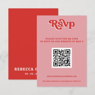 Retro Groovy 70s Cute Pink and Red QR code RSVP Card