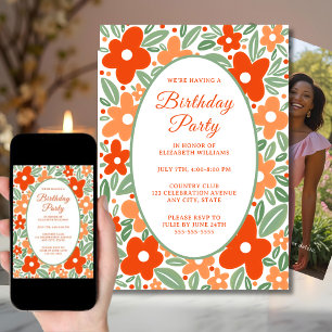 Retro Groovy 70's Floral Birthday Party Invitation