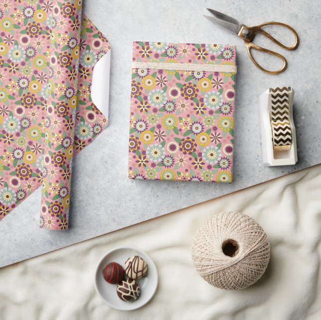 Retro groovy 70s floral pattern on pink  wrapping paper (Crafts)