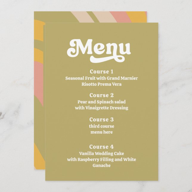 Retro Groovy 70s Green Pink Wedding Menu (Front/Back)