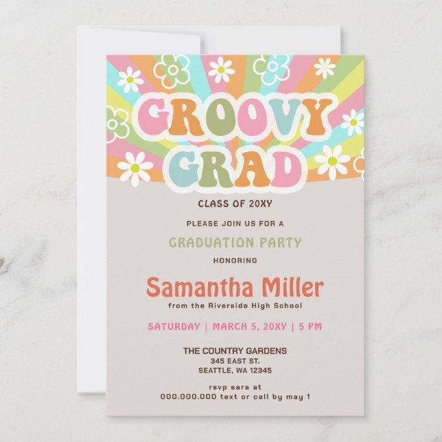Retro Groovy 70s Hippie Cute Photo Graduation Invitation (Front)