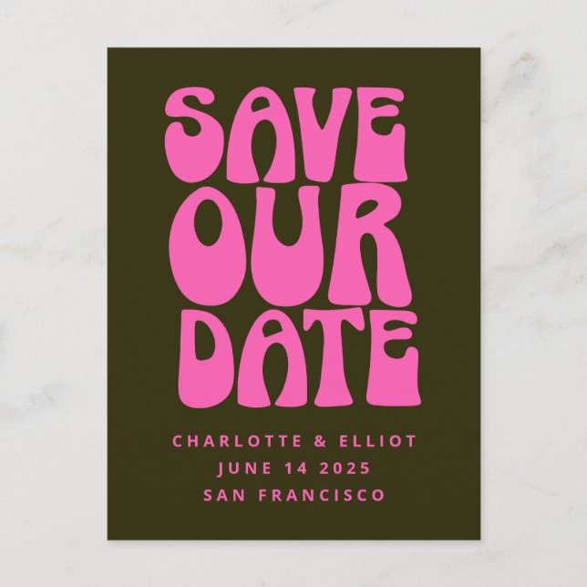 Retro Groovy 70s Hot Pink and Green Save The Date Postcard (Front)
