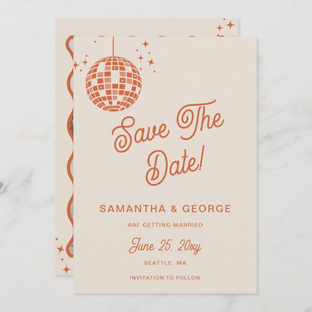 Retro Groovy 70s Ivory Orange Disco Photo Save The Date (Front/Back)