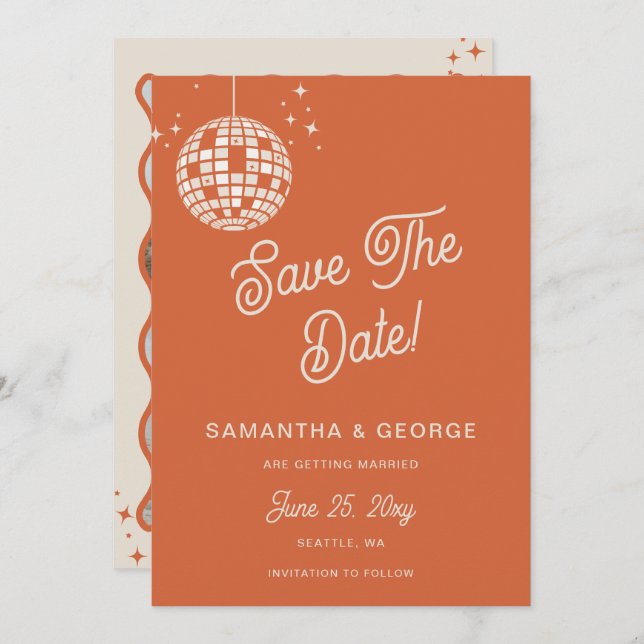 Retro Groovy 70s Ivory Orange Disco Photo Save The Date (Front/Back)