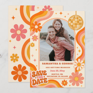 Retro Groovy 70s Ivory Orange Disco Photo Save The Date