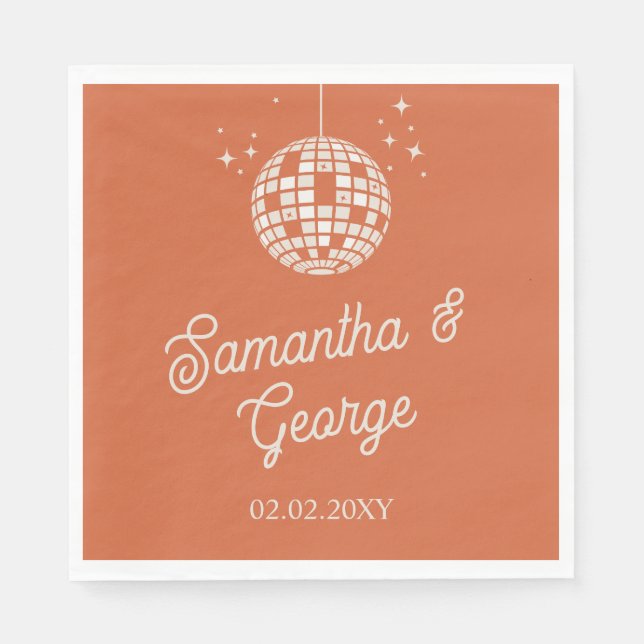 Retro Groovy 70s Ivory Orange Photo Disco Wedding Napkin (Front)