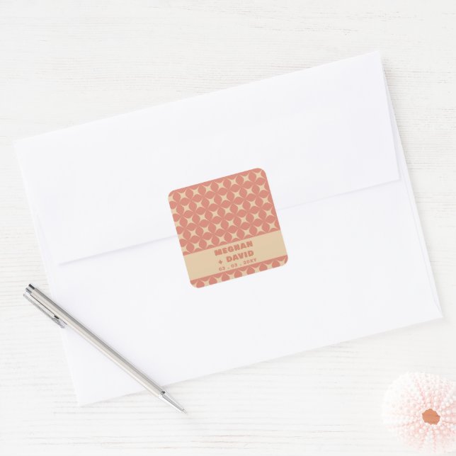 Retro Groovy 70s Pattern Boho Terracotta Wedding Square Sticker (Envelope)