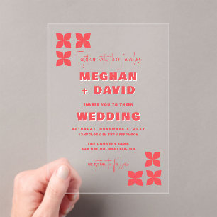 Retro Groovy 70s Pattern Pink Red Wedding  Acrylic Invitations