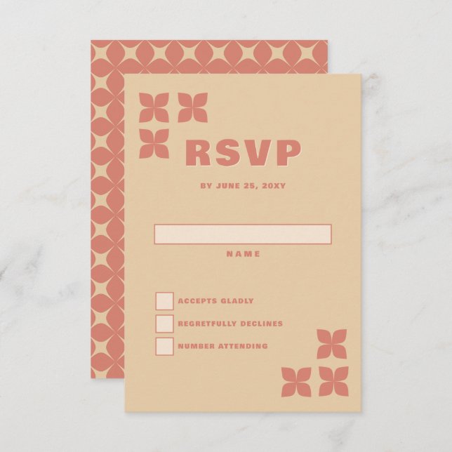 Retro Groovy 70s Pattern Terracotta Wedding RSVP Card (Front/Back)