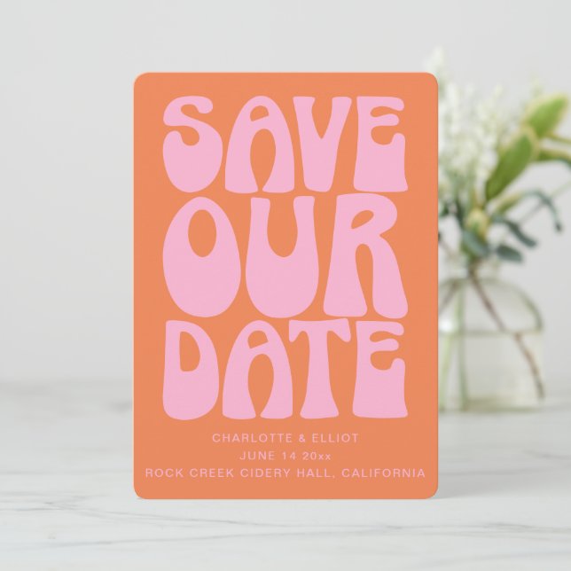 Retro Groovy 70s Pink and Orange QR Code Wedding Save The Date (Standing Front)