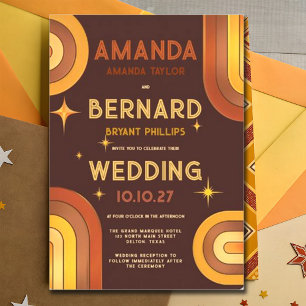 Retro Groovy 70's Rainbow Arch Typography Wedding Invitation