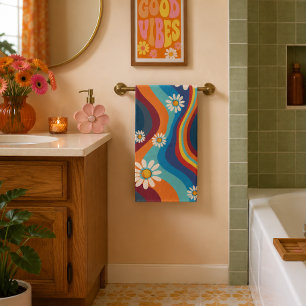 Retro Groovy 70's Rainbow Daisy Bath Towel Set