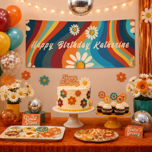 Retro Groovy 70's Rainbow Daisy Birthday Banner