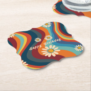 Retro Groovy 70's Rainbow Daisy Birthday  Paper Coaster