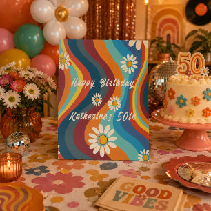 Retro Groovy 70's Rainbow Daisy Birthday  Pedestal Sign