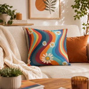 Retro Groovy 70's Rainbow Daisy  Cushion