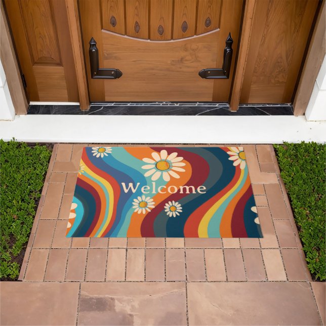 Retro Groovy 70's Rainbow Daisy  Doormat (Outdoor)