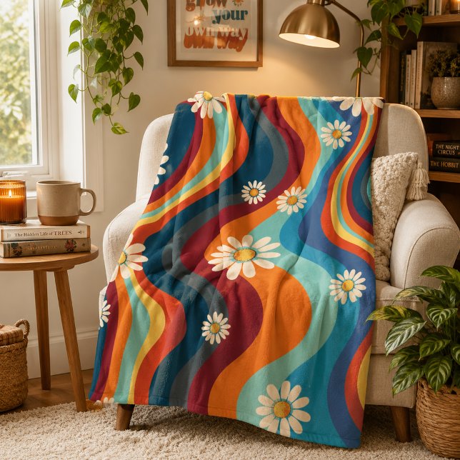 Retro Groovy 70's Rainbow Daisy  Fleece Blanket (Creator Uploaded)