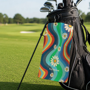 Retro Groovy 70's Rainbow Daisy Name Golf Towel