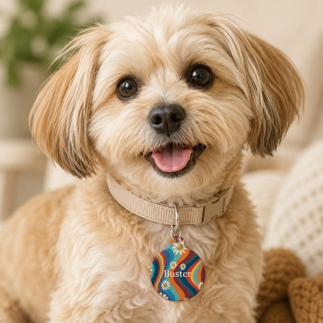 Retro Groovy 70's Rainbow Daisy  Pet Tag (Creator Uploaded)