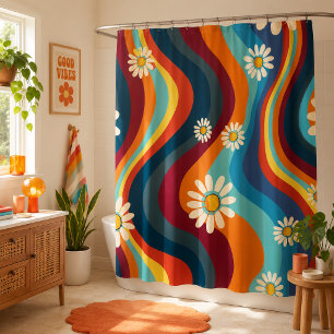 Retro Groovy 70's Rainbow Daisy Shower Curtain