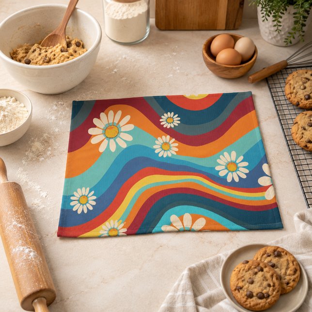 Retro Groovy 70's Rainbow Daisy  Tea Towel (Creator Uploaded)