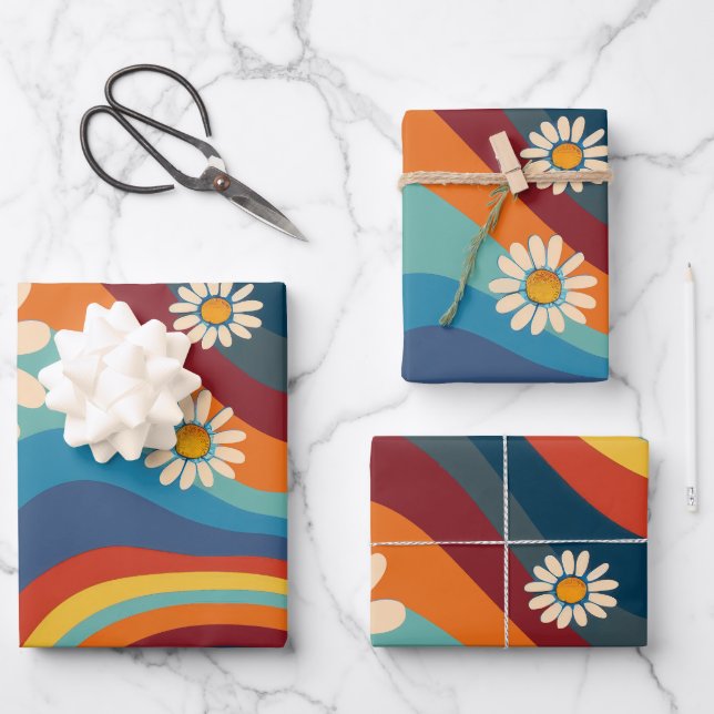Retro Groovy 70's Rainbow Daisy  Wrapping Paper Sheet (Front)