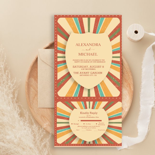 Retro Groovy 70's Themed Muted Tones Wedding  All In One Invitation (Creator Uploaded)