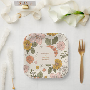 Retro Groovy 70's Themed Muted Tones Wedding Paper Plate