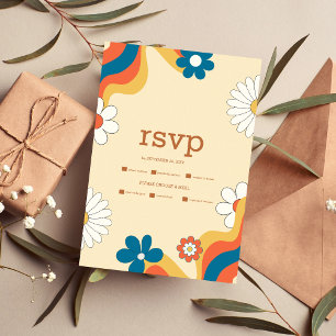 Retro Groovy 70's Themed Muted Tones Wedding RSVP Card