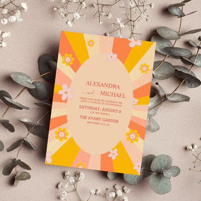 Retro Groovy 70's Themed orange yellow Wedding Invitation (Creator Uploaded)