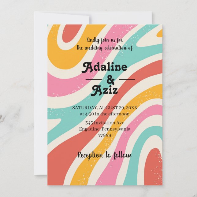 Retro Groovy 70s Wavy Colourful Wedding  Invitation (Front)