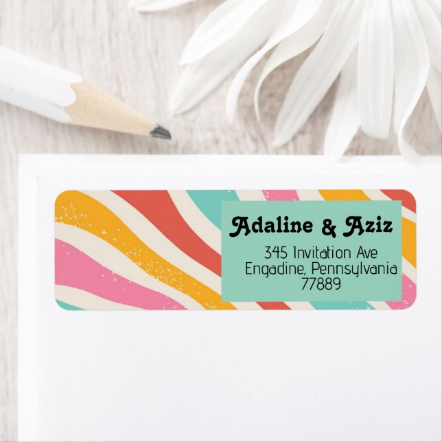 Retro Groovy 70s Wavy Colourful Wedding Return Address Label (Insitu)