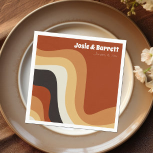Retro Groovy 70s Wavy Orange Brown Funky Wedding Napkin
