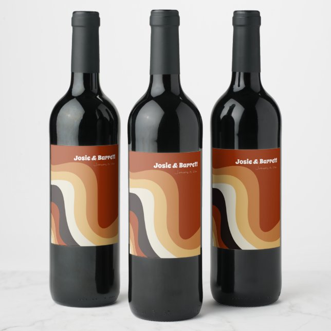 Retro Groovy 70s Wavy Orange Brown Funky Wedding Wine Label (Bottles)