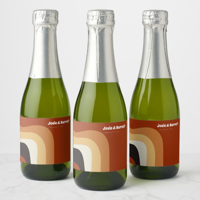 Retro Groovy 70s Wavy Orange Custom Wedding Mini Sparkling Wine Label (Bottles)