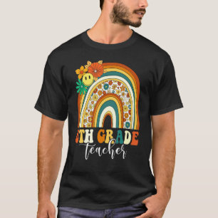 Retro Groovy 8th Eighth Grade Teacher Rainbow Back T-Shirt