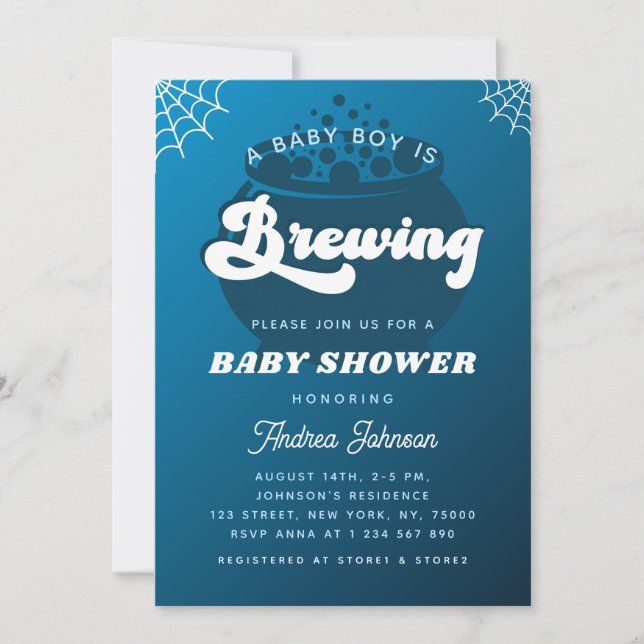 Retro Groovy a Baby Boy is Brewing Blue Halloween Invitation (Front)