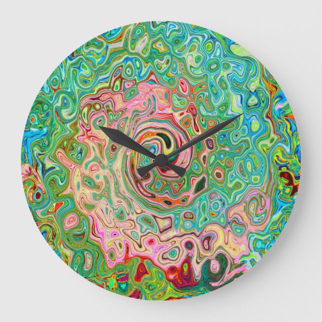 Retro Groovy Abstract Colourful Rainbow Swirl Large Clock (Front)